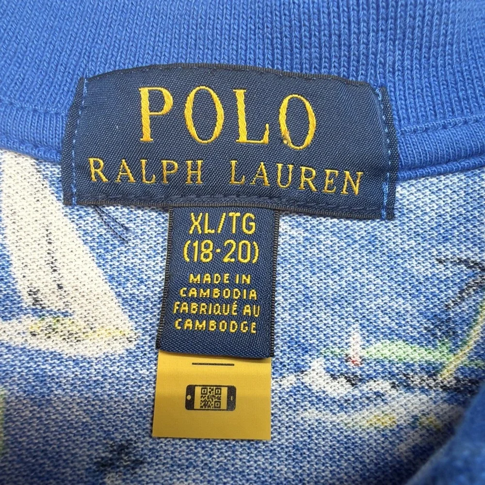 Polo Ralph Lauren Boys Polo Shirt‎ Blue Sailboat Print XL 18-20